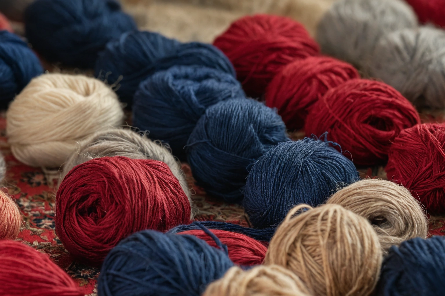 Macro detail of hand-knotted wool and silk carpet pile showing natural dye colour variation