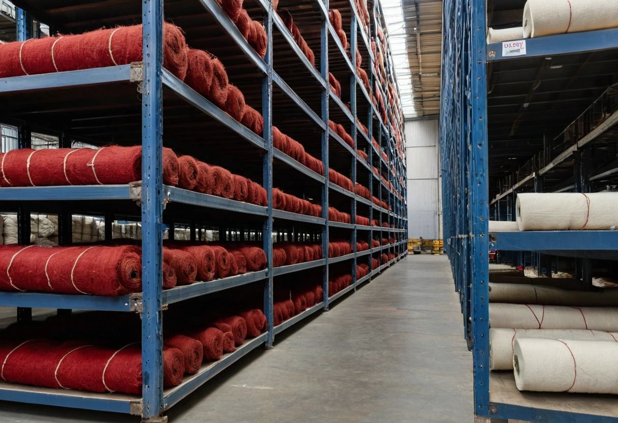 Rolled hand-knotted wool carpets stacked in racks inside a trade warehouse