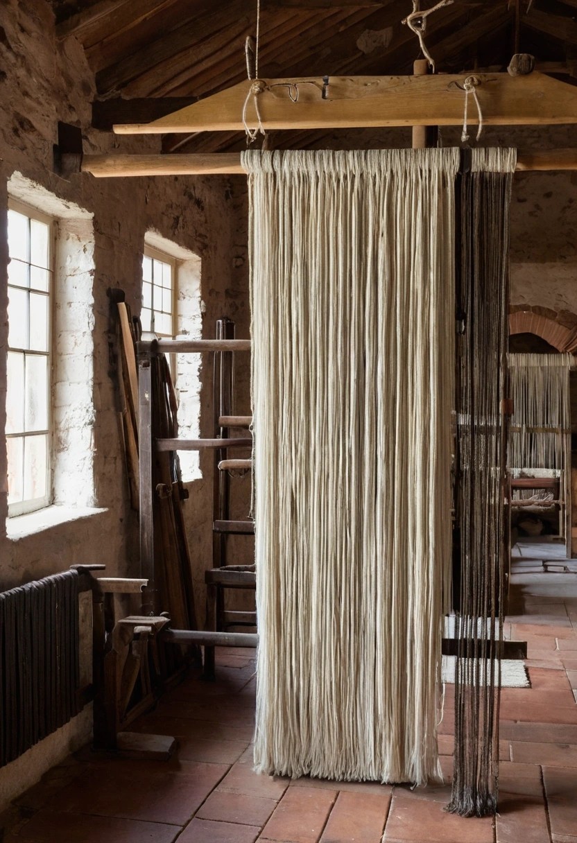Empty wooden carpet loom with taut warp threads inside a weaving workshop
