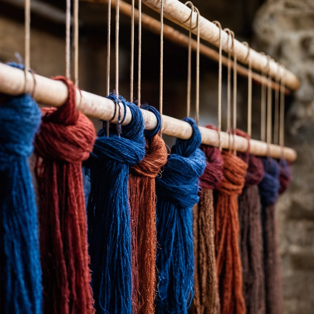 Dyed wool skeins drying above copper dye vats in indigo, madder and walnut shades