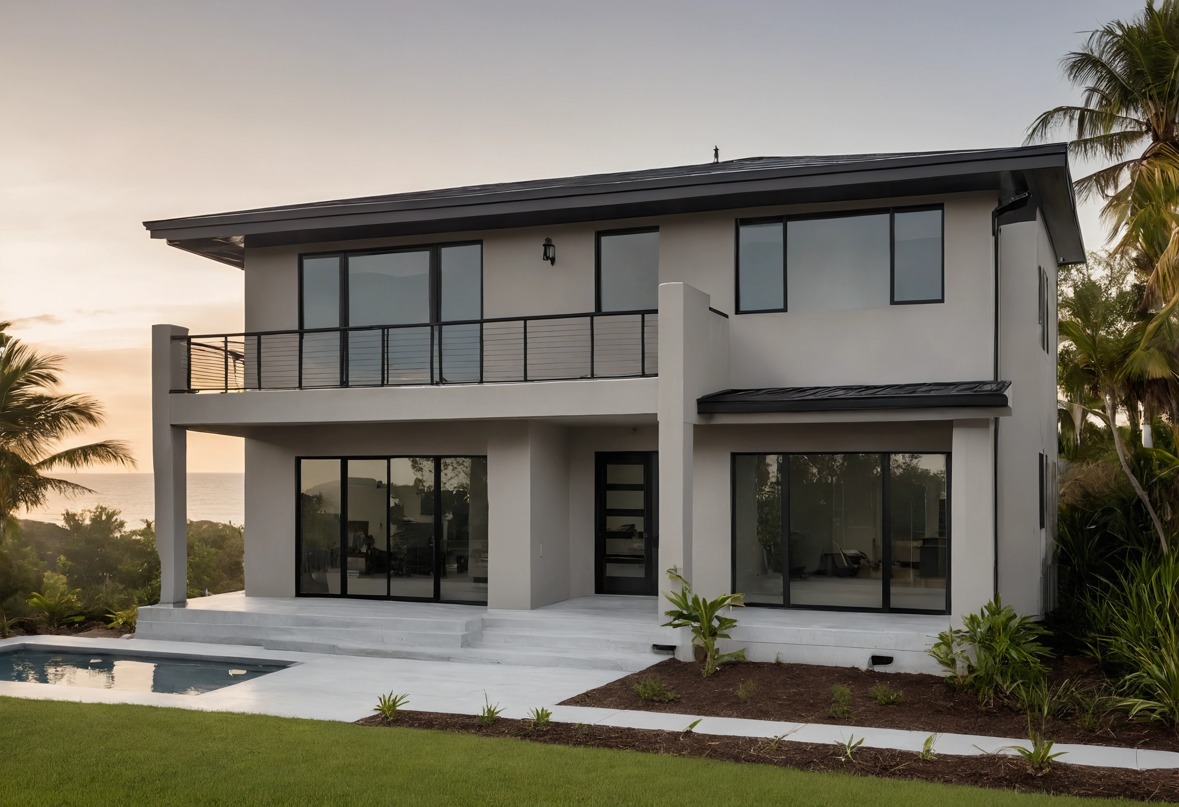 Two-storey elevated coastal house with a dark standing-seam metal roof, large windows, pool terrace and palms at dusk