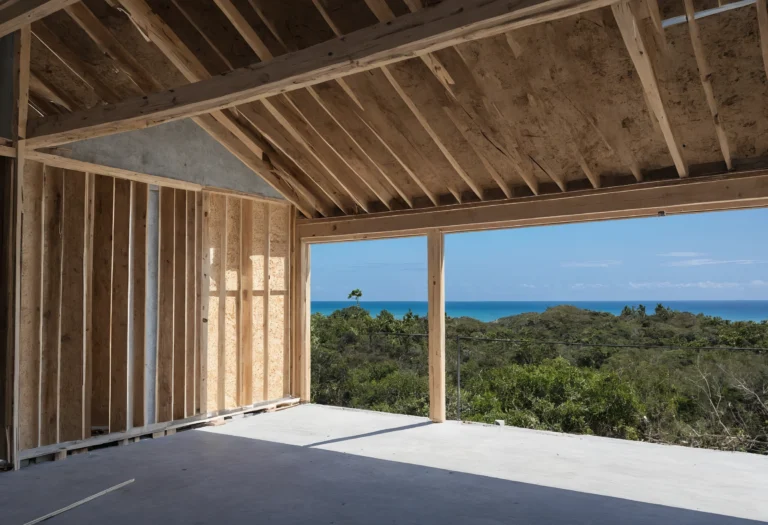 Coastal house under construction with timber wall framing and open roof joists looking out to the sea